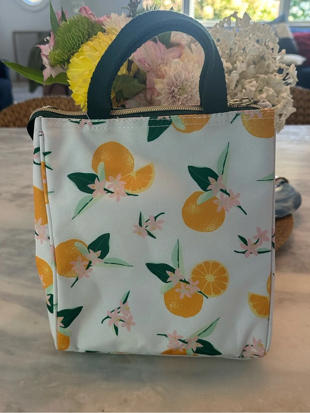 New kate spade White Citrus Print Tote with Green Handles & Insulated